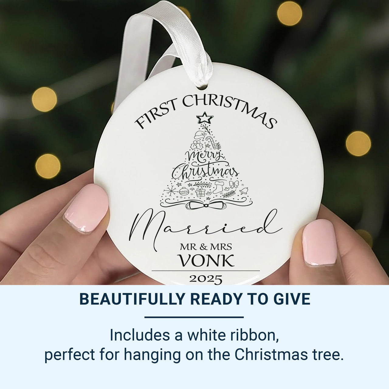 Personalised First Christmas Married Ceramic Ornament, Mr and Mrs Round Decoration, Minimalist Christmas Tree Design, 1st Christmas Bauble