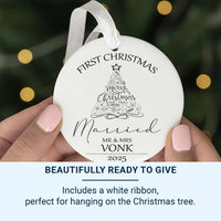 Personalised First Christmas Married Ceramic Ornament, Mr and Mrs Round Decoration, Minimalist Christmas Tree Design, 1st Christmas Bauble