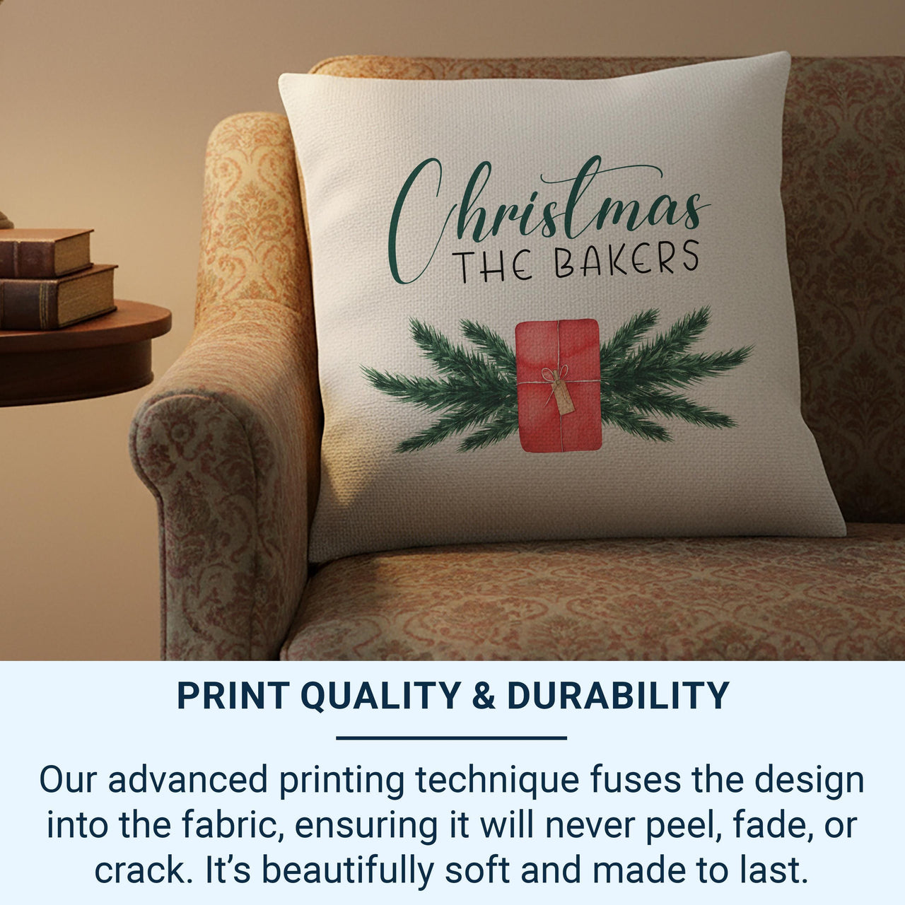 Personalised Family Christmas Cushion - Pine & Gift Design with Family Name