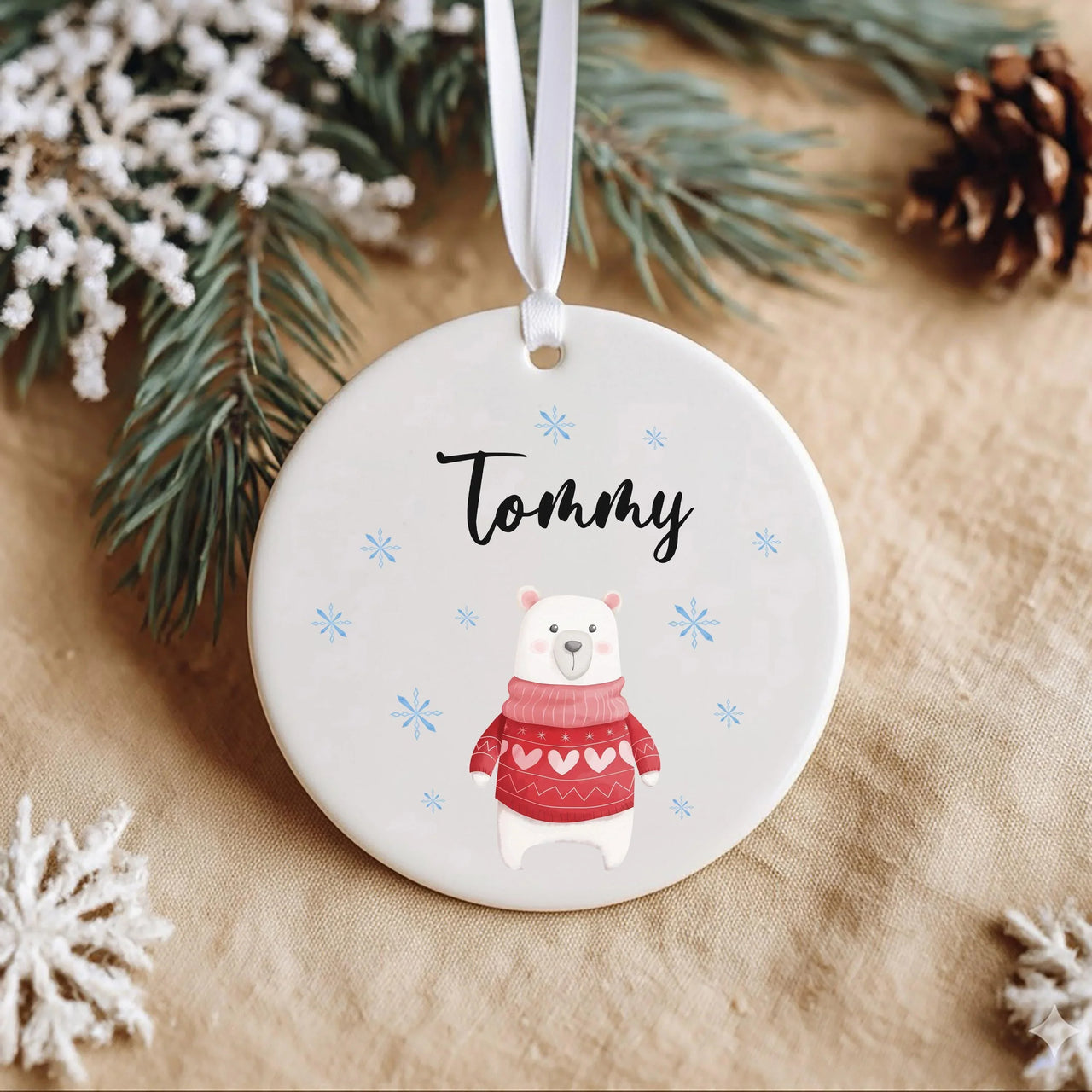 Polar Bear Xmas Ornament - Festive Keepsake in Red Jumper with Name for Kids & Grandchildren
