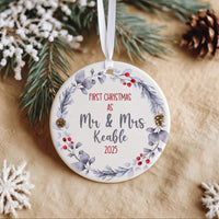 First Christmas As Mr and Mrs Personalised Ornament, Just Married Keepsake, Bauble Name, Custom Round Christmas Decoration, Gift for Couple
