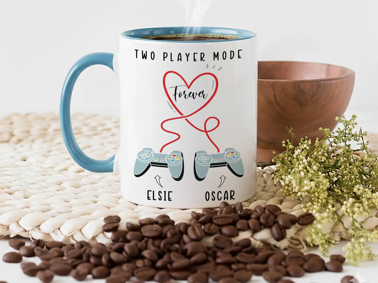 Personalised Gamer Mug – Two Player Mug with Controller Heart Design | Couple Names Gift