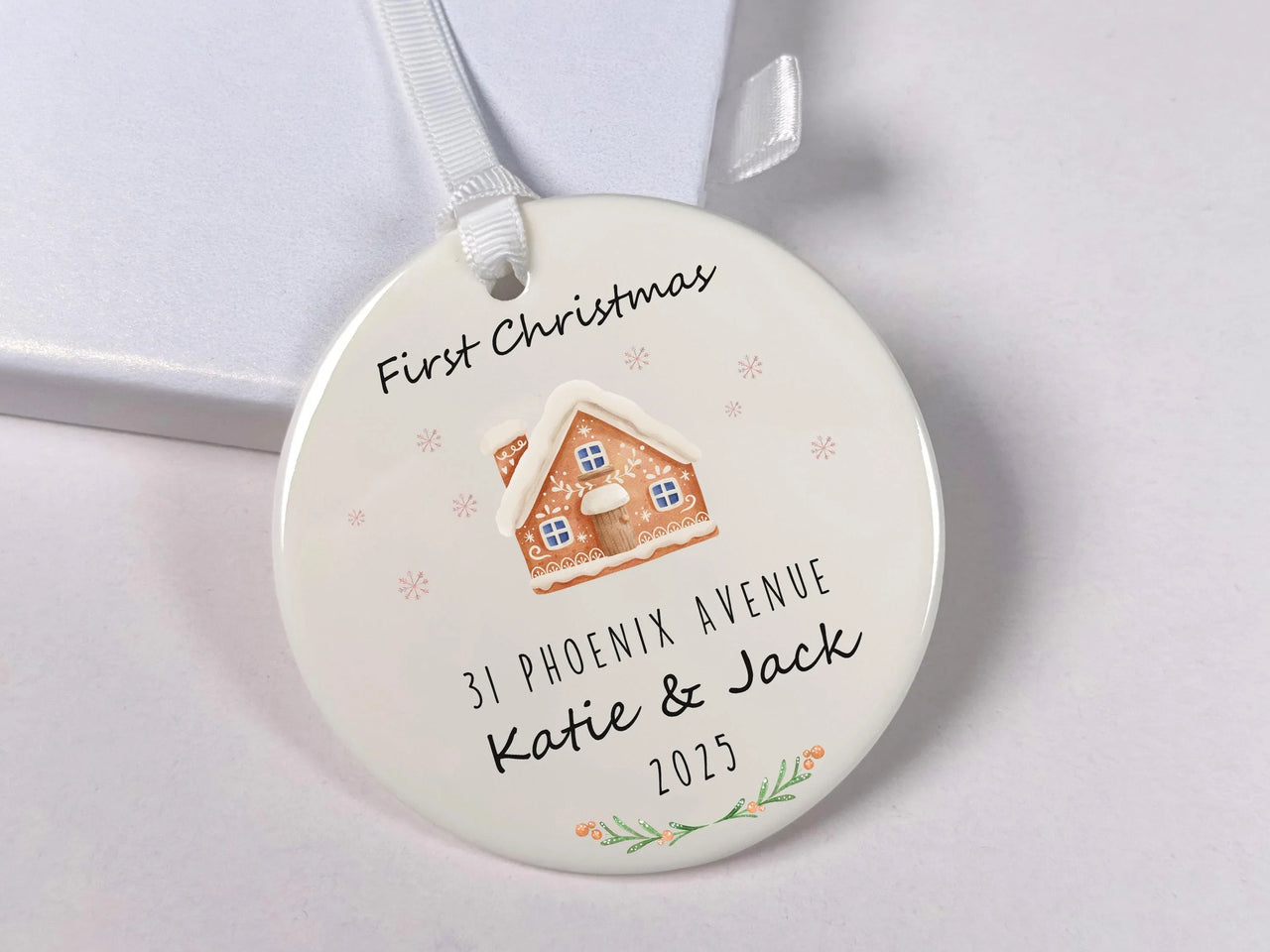 New Home Christmas Ornament with Gingerbread House Design, Personalised Xmas Keepsake, Our First Home Cute Ornament, First Christmas Bauble