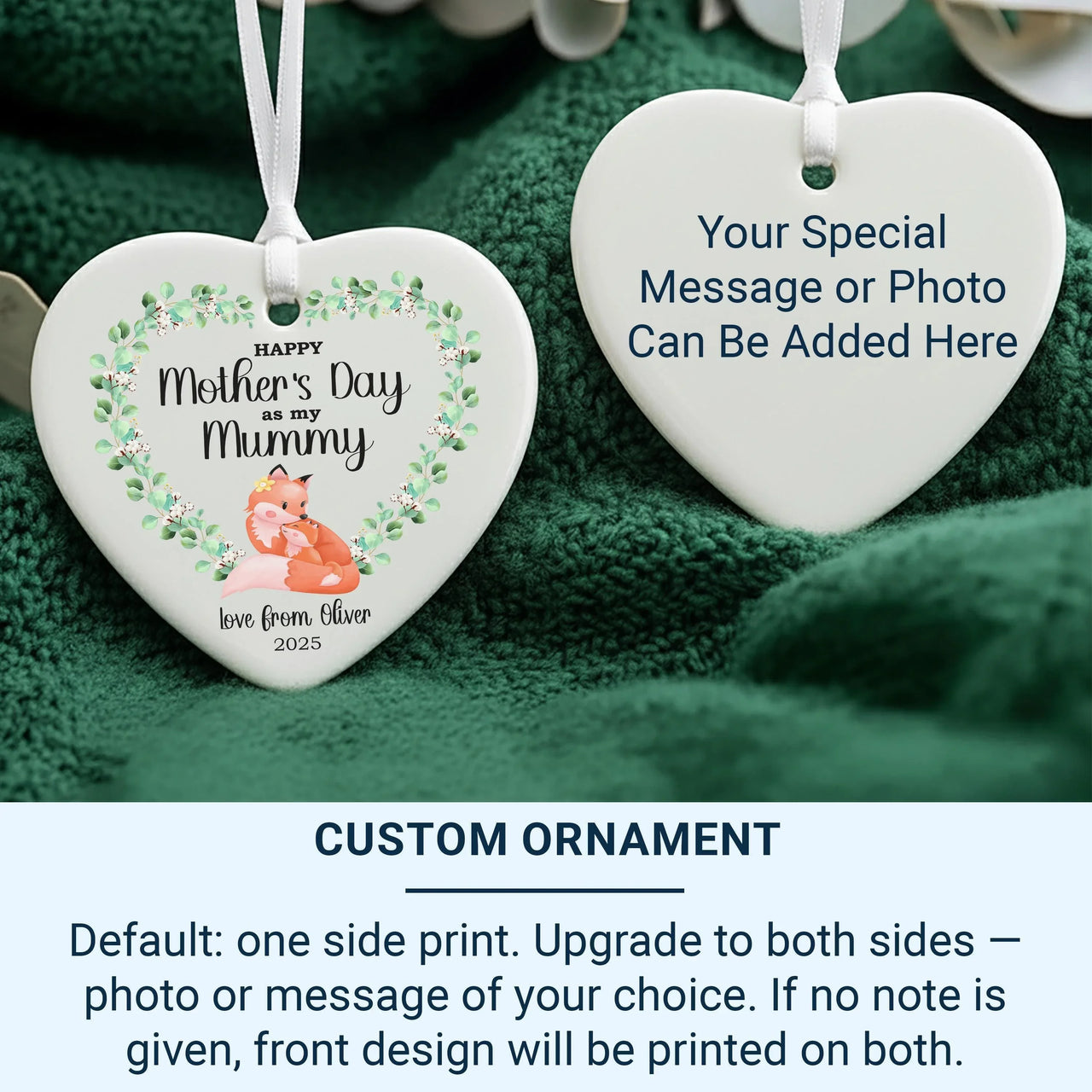 Fox Mother Day Heart Ornament - Leafy Keepsake with Name & Message for Mummy DENMARY