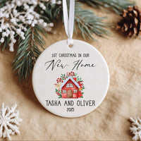 New Home Christmas Ornament 2025 - Red House with Elegant Script & Names