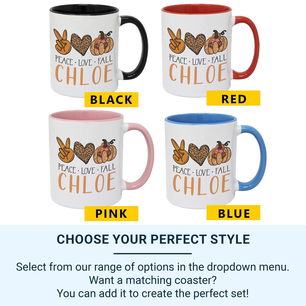 Peace Love Fall Personalised Name Mug – Boho Pumpkin, Peace Sign and Heart – Autumn Vibes Gift for Cosy Season Lovers
