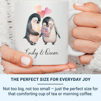 Personalised Couple Names Penguin Mug – Bouquet and Hearts – Romantic Anniversary, Engagement and Valentine Gift