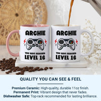 Personalised Gamer Mug – Level 16 Coffee Cup | Custom Name & Age Birthday Gift