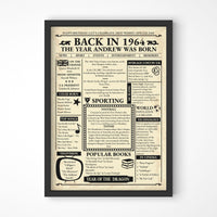 Thumbnail for Decoration for the wall or table resembles a retro newspaper sheet from 1964, elegantly framed in black. Experience high-quality printing and personalise it with a unique name. Delve into significant events of the year, including popular songs.