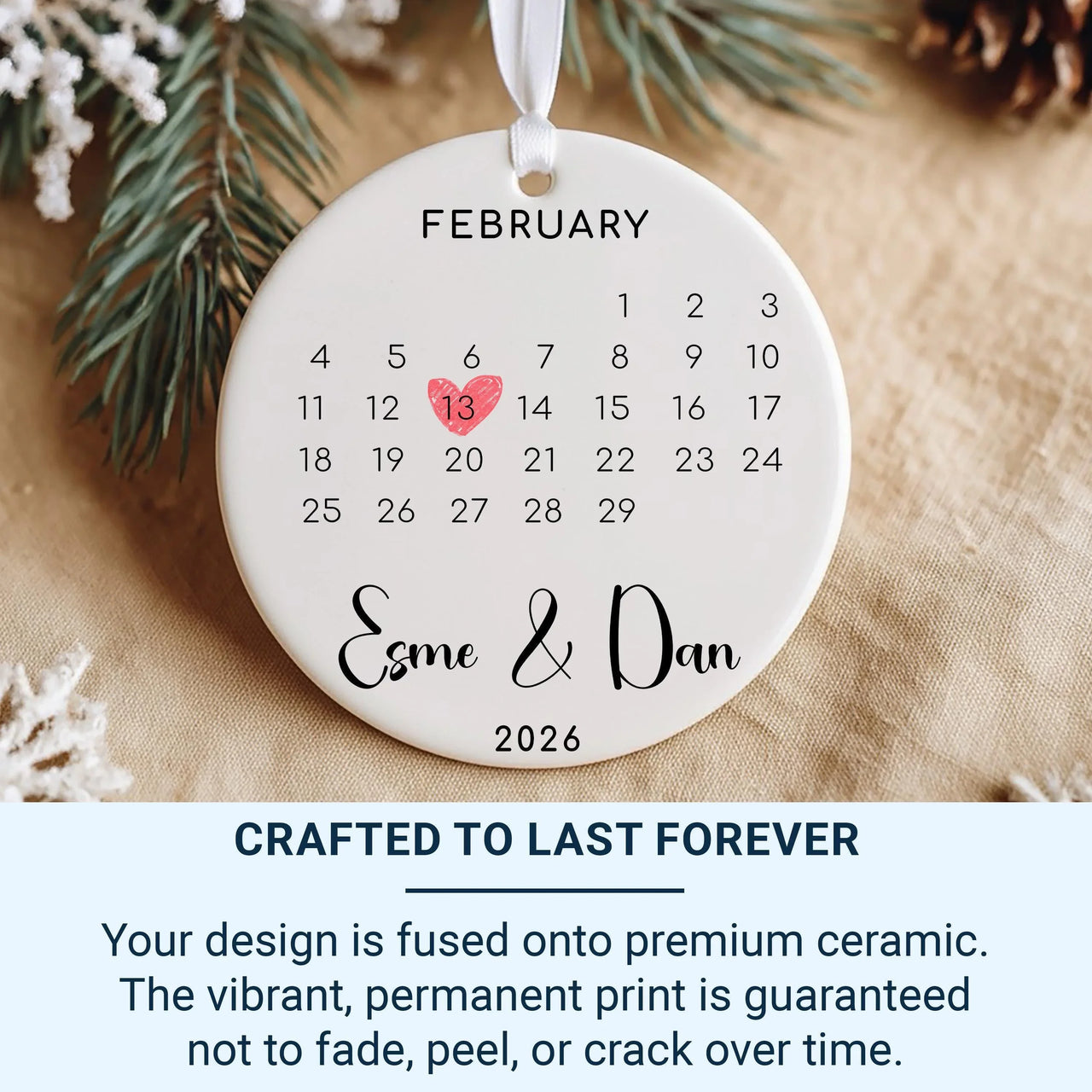 Calendar Date Ornament - Special Day Keepsake with Heart & Names for Couples