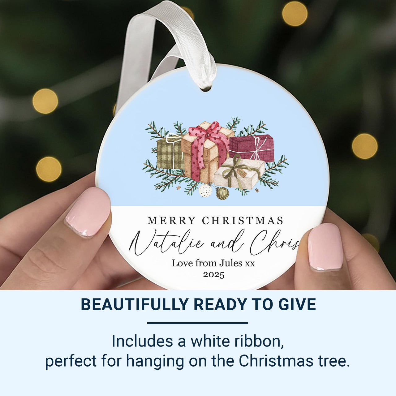 Personalised Christmas Ornament – Gift for Couple, Round Xmas Tree Decoration – Holiday Present from Parents or Friends