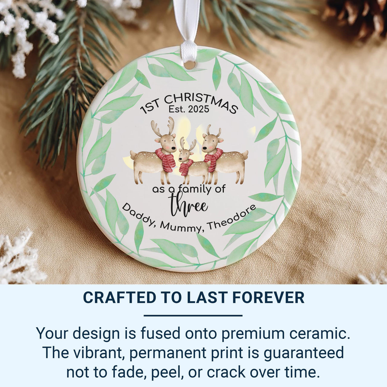 First Christmas as Family of Three Ornament - Personalised Xmas Bauble - Reindeer Family Design - Gift for New Parents