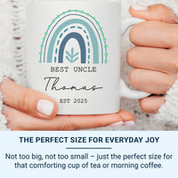 Best Uncle Personalised Mug – Name and EST. 2025 with Rainbow Motif – New Uncle Announcement and Baby Shower Gift