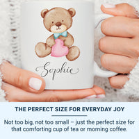 Personalised Baby Name Mug – Watercolour Teddy Bear with Heart and Script Name – New Mum, Baby Shower and Christening Gift