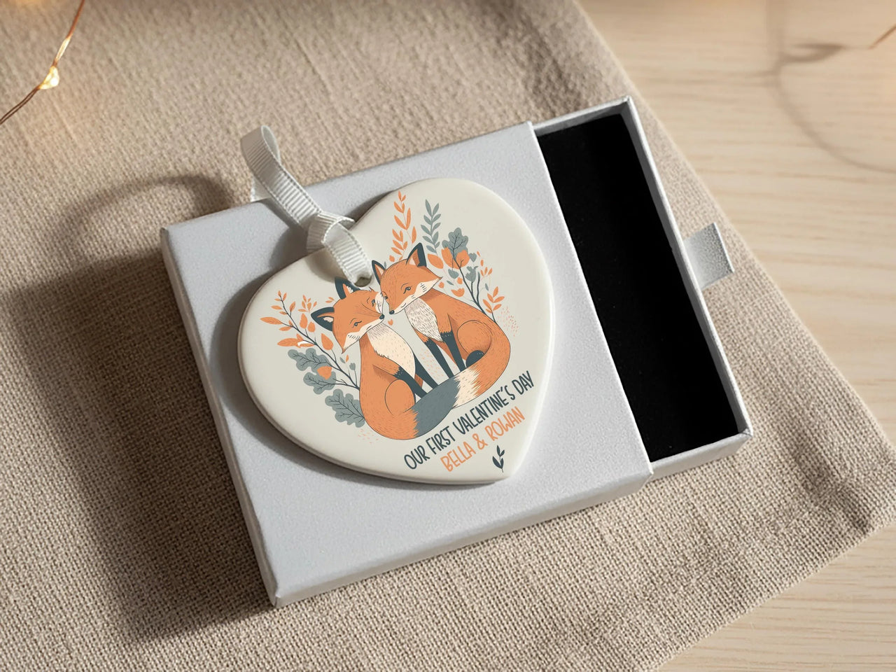 Valentine Foxes Heart Ornament - First Valentine Keepsake with Leafy Frame & Names
