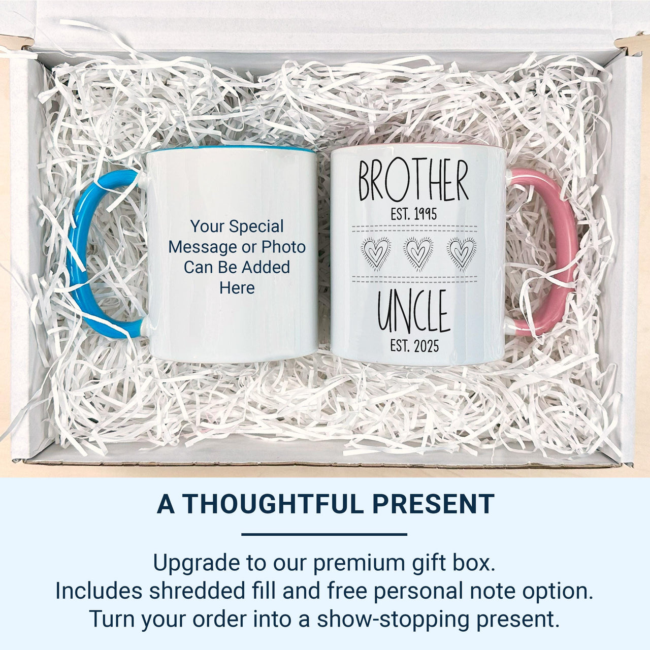 Brother to Uncle Mug - EST. Dates Personalised with Heart Icons - New Uncle and Pregnancy Reveal Gift