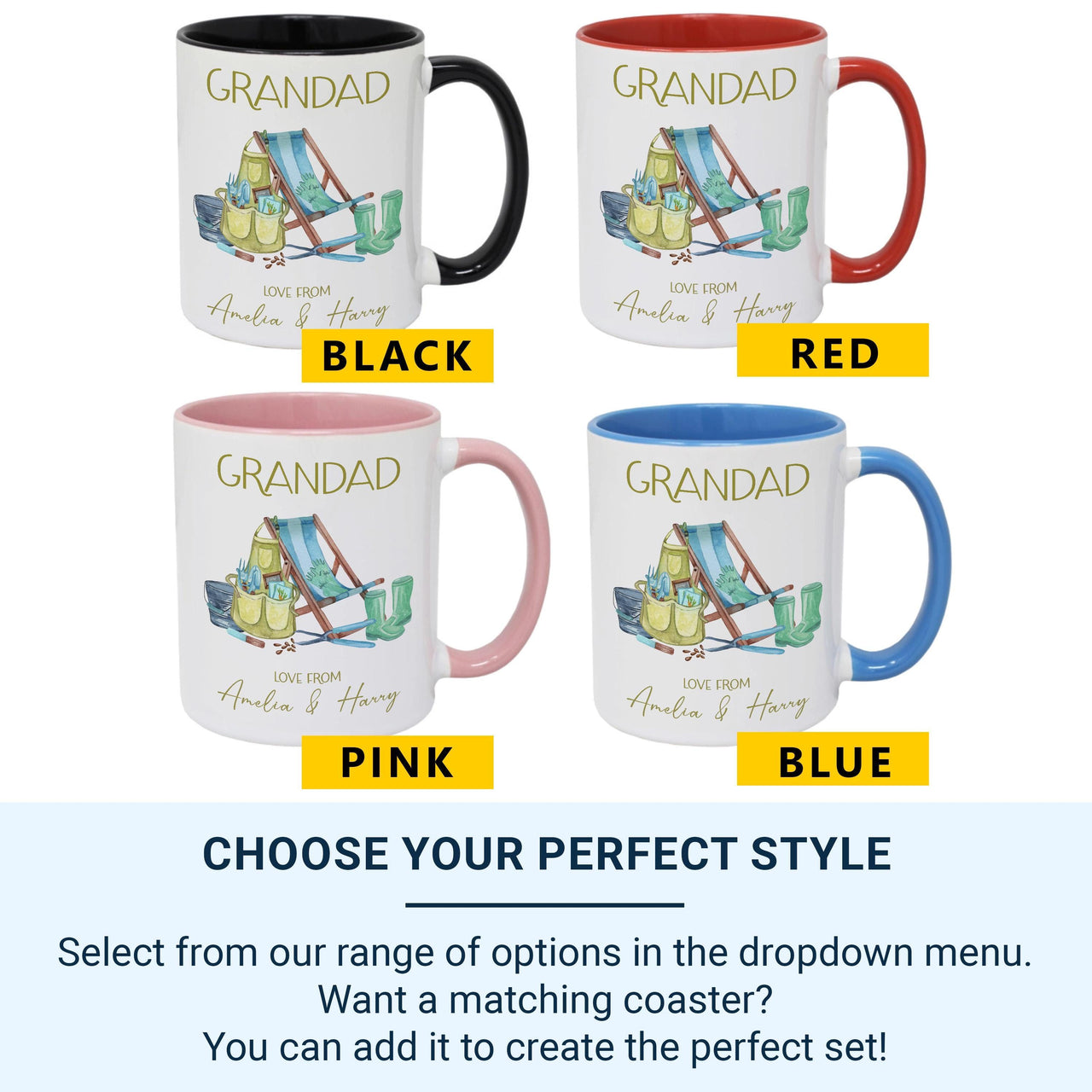 Grandad Gardener Mug – Personalised “Love From” Names – Garden Boots and Tools Design for Birthday, Father’s Day and Everyday Tea