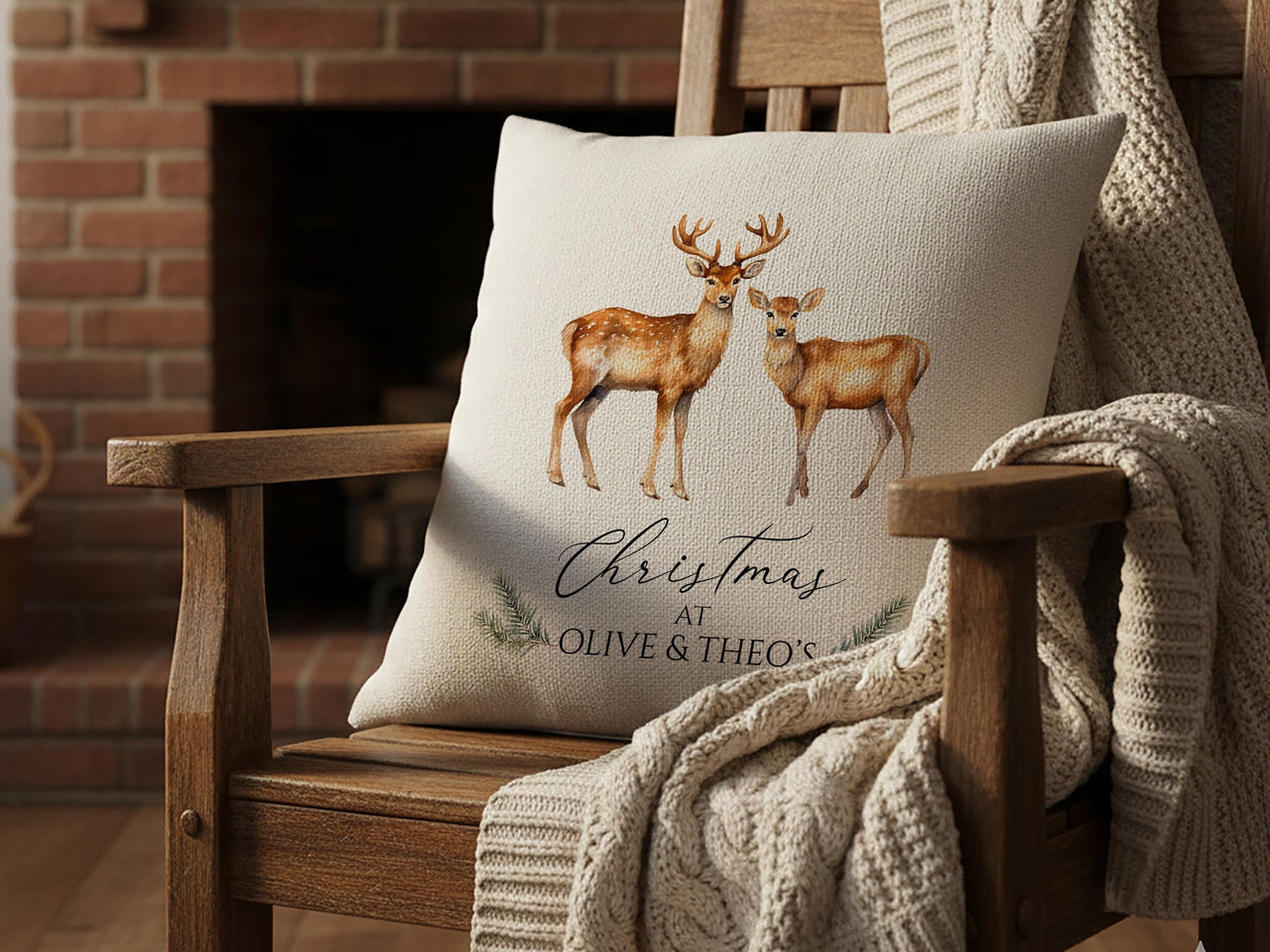 Personalised Family Christmas Cushion - Watercolour Deer Design with Names