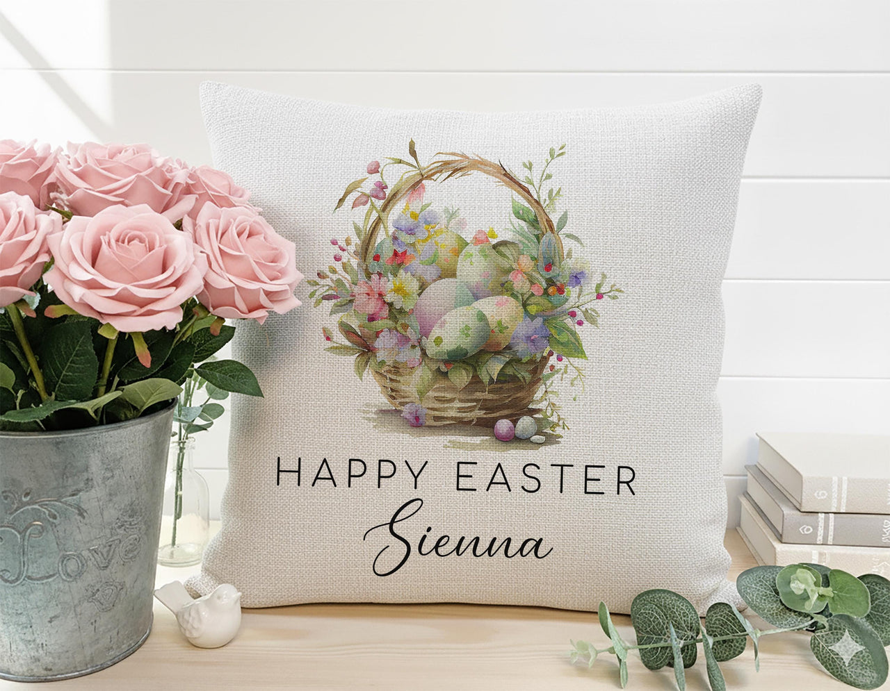 Personalised Easter Egg Basket Cushion with Name - Joyful Seasonal Decor for Family Homes