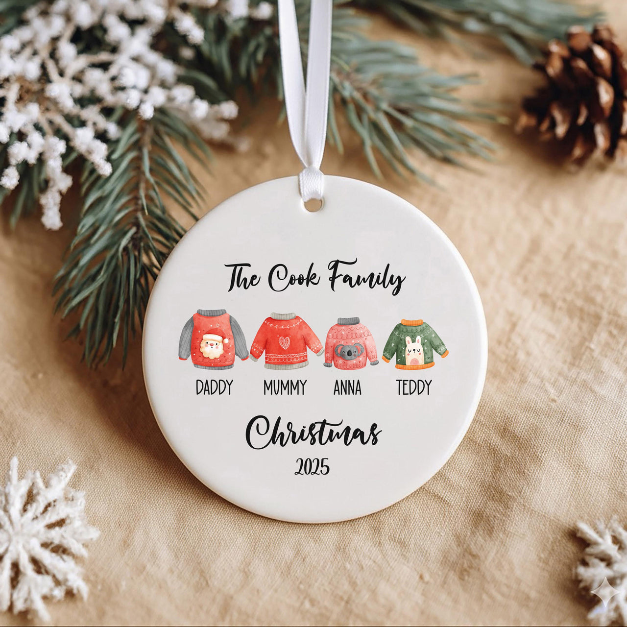 Personalised Christmas Jumper Family Ornament - Ceramic Xmas Tree Bauble - Ugly Sweater Round Hanging Decoration - Family Xmas Keepsake