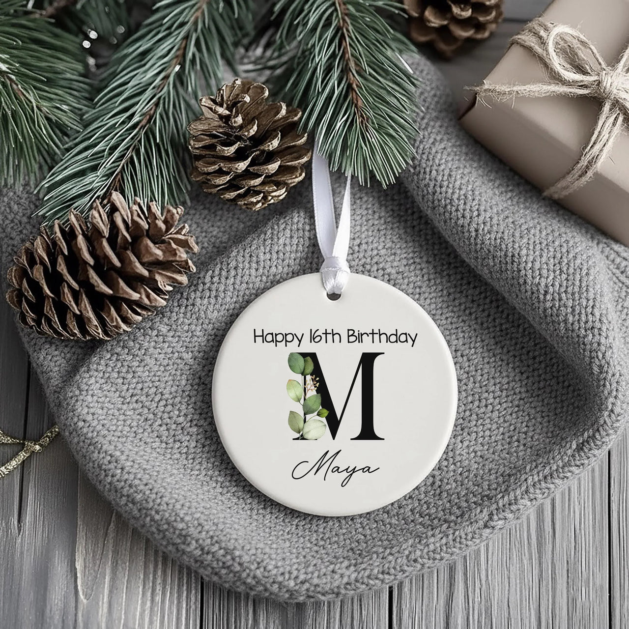 Sweet 16 Birthday Ornament - Leafy Letter Keepsake with Name for Milestone