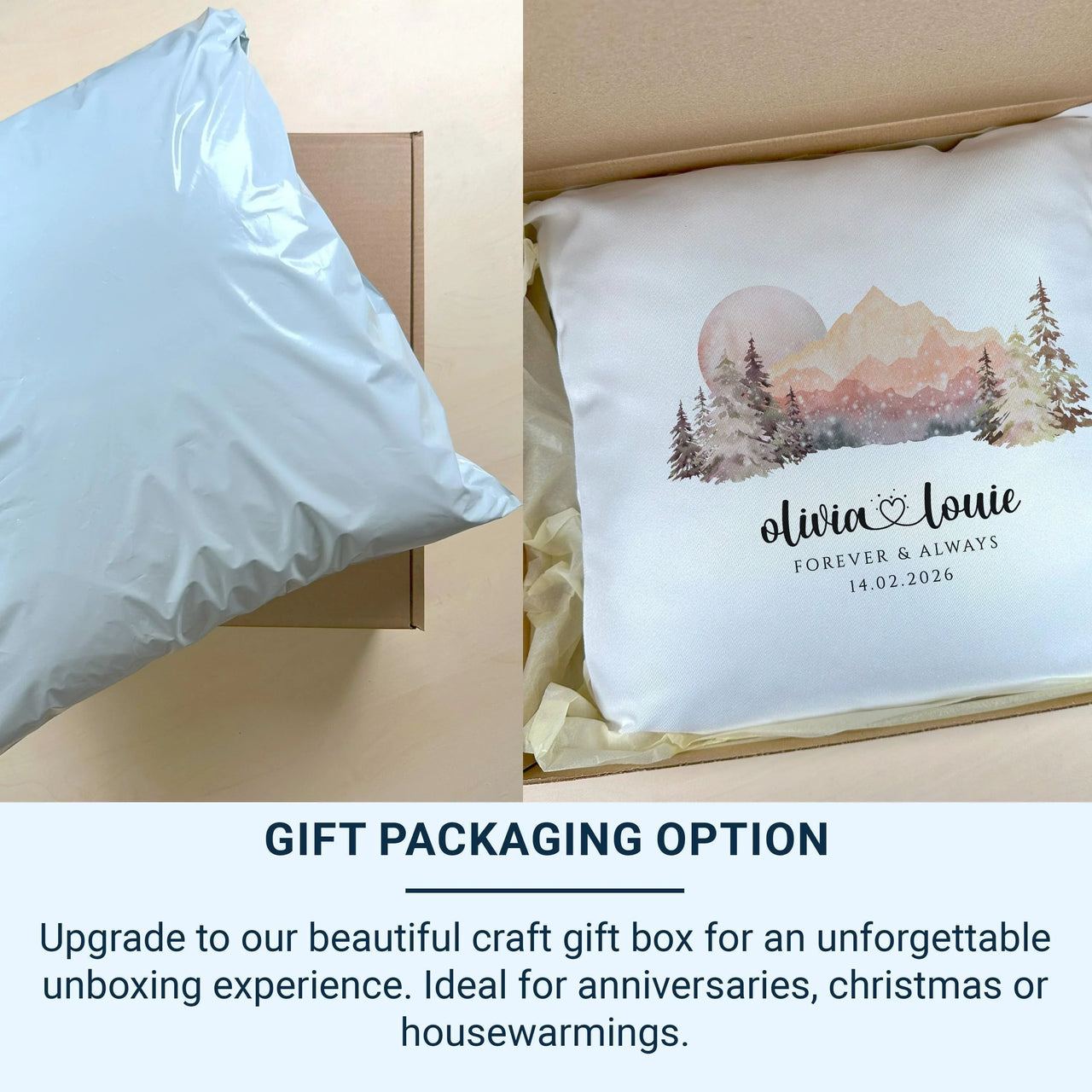 Personalised Mountain Cushion - Scenic Romantic Keepsake with Names & Date for Adventurous Couples