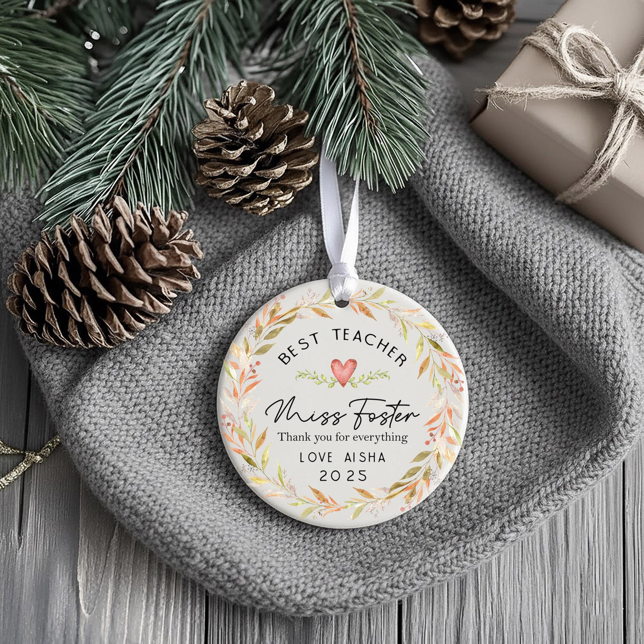 Teacher Thank You Ornament - Floral Keepsake for End of Term & Leaving Gift with Custom Name