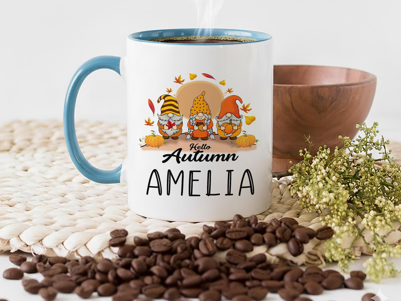 Hello Autumn Gnome Mug – Personalised Name with Seasonal Gnomes – Cosy Fall Gift for Gnome Lovers