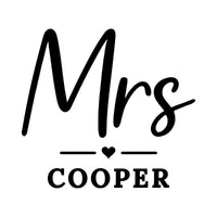 Flat artwork: large script 'Mrs' with a small heart between lines and 'COOPER' below - iron-on vinyl transfer design