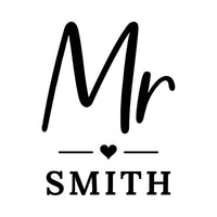 Flat artwork: black script 'Mr' over a heart between two lines and serif 'SMITH' - iron-on vinyl transfer design
