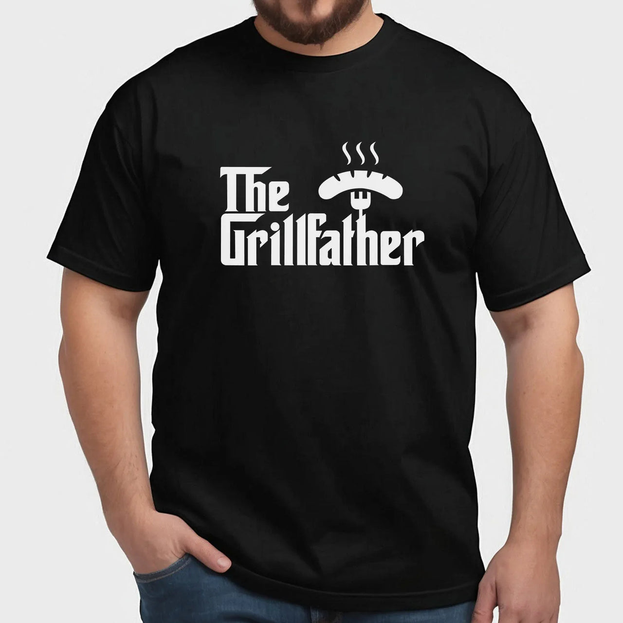 BBQ Enthusiast T-Shirt with "Grillfather" motif for barbecue masters, perfect for outdoor cooking and grilling.