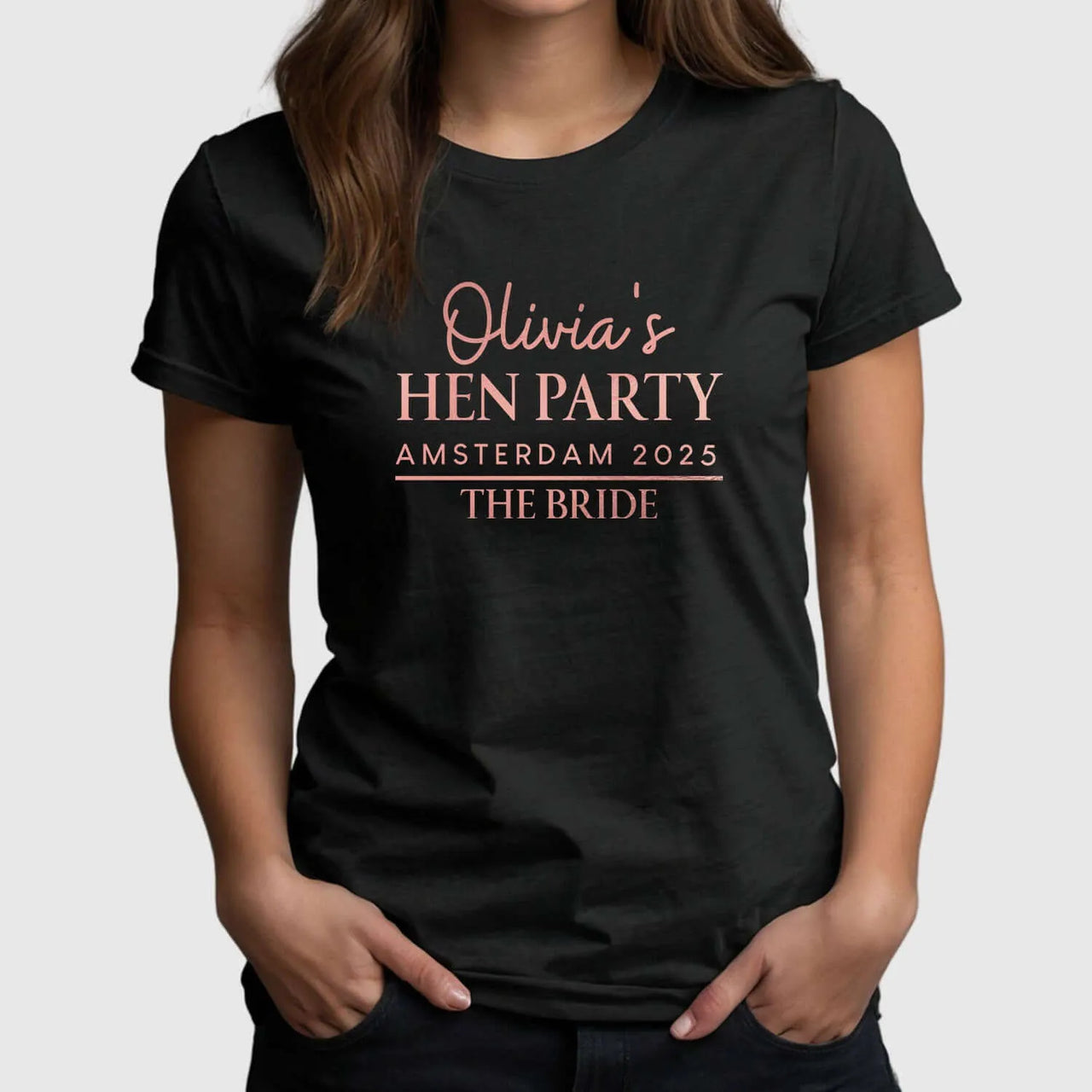 Customisable Hen Party T-Shirt | Olivia's Bride Tribe | Amsterdam 2025 - DENMARY