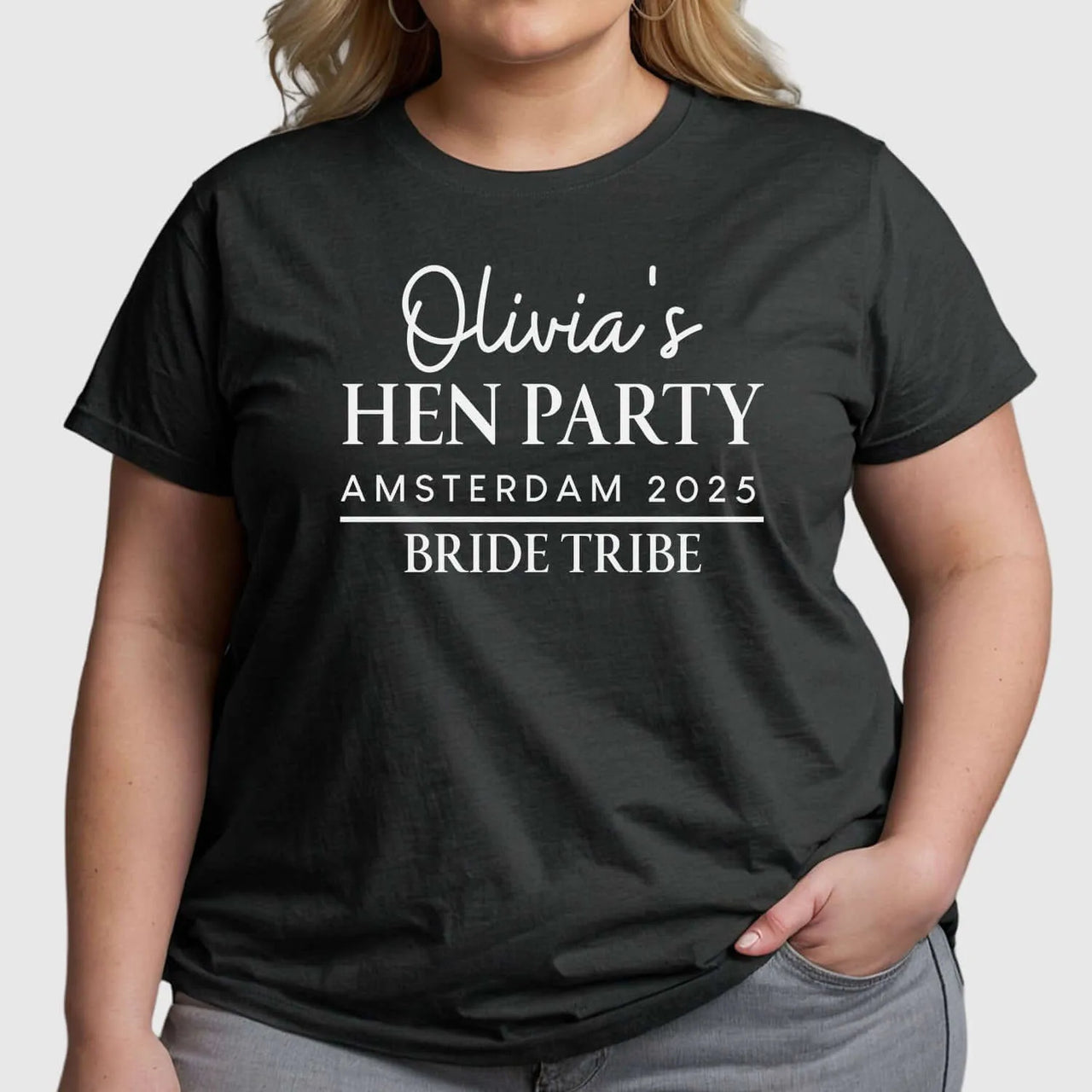 Customisable Hen Party T-Shirt | Olivia's Bride Tribe | Amsterdam 2025 - DENMARY