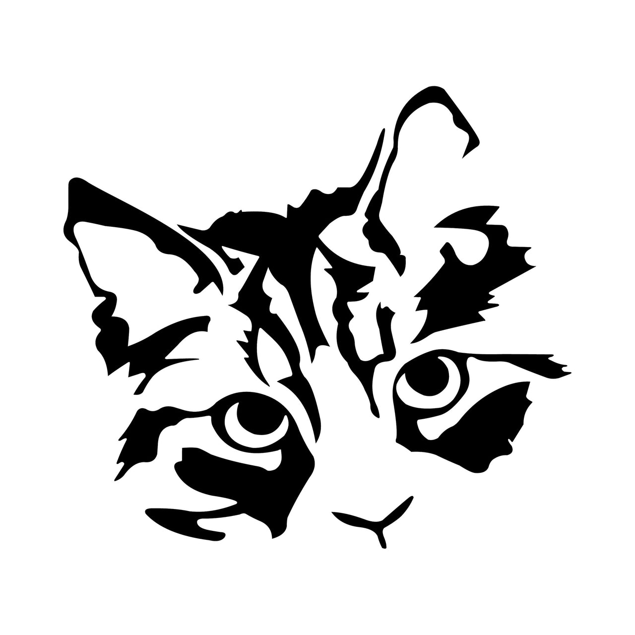 Flat artwork: black cat face silhouette with bold stencil markings, iron-on vinyl transfer