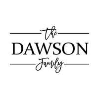 Flat artwork: 'the DAWSON Family' in black script and serif capitals with lines, personalised iron-on transfer
