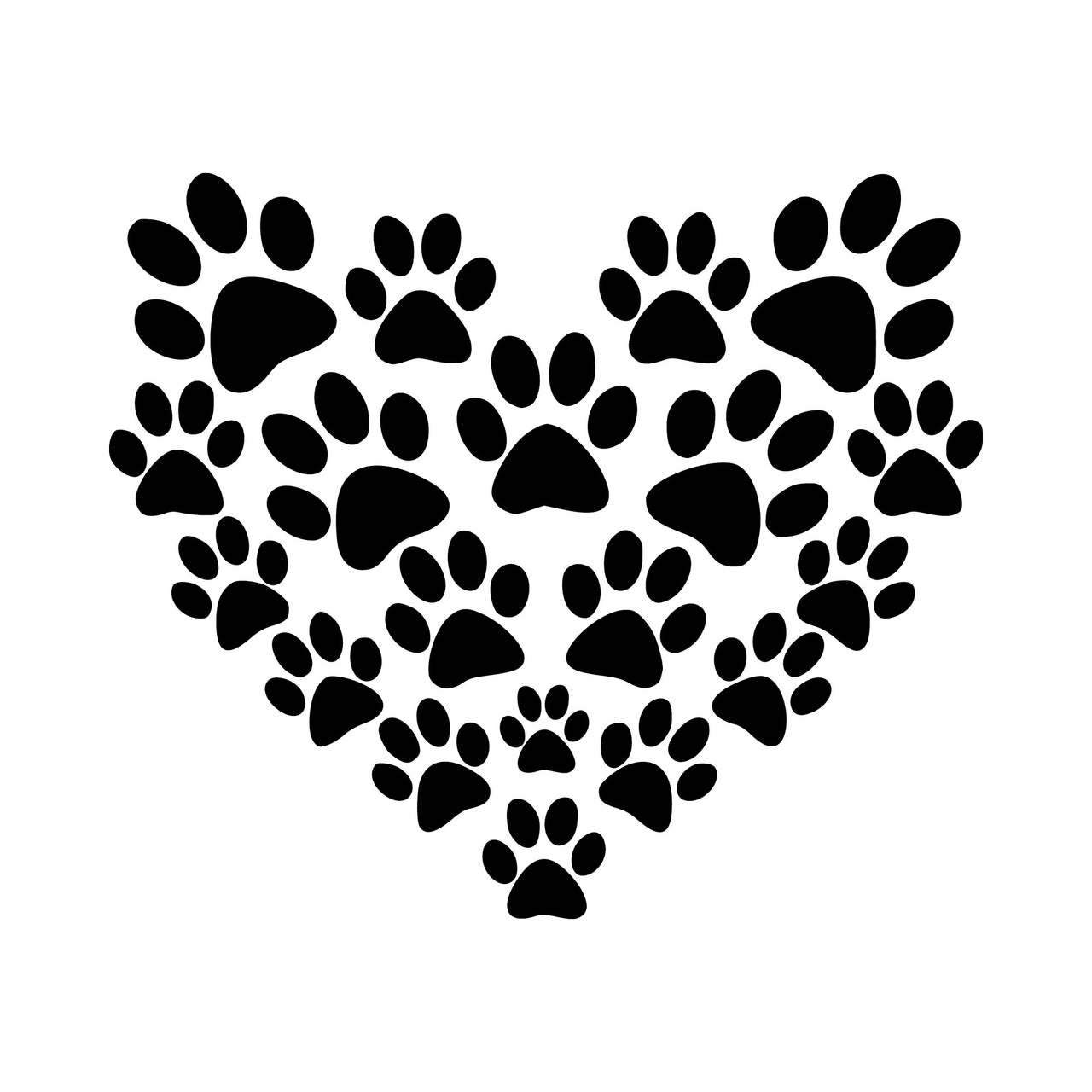 Flat artwork: heart shape built from paw prints of different sizes, pet lover iron-on transfer