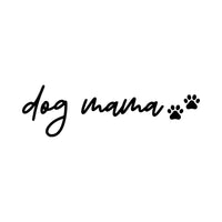 Flat artwork: black lowercase script 'dog mama' with two small paw prints - iron-on vinyl transfer design