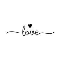 Flat artwork: 'love' in black flowing script with a small heart above, iron-on vinyl transfer