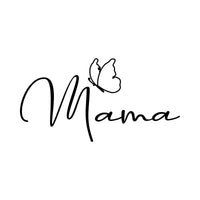 Flat artwork: 'Mama' in black script with a line-art butterfly, iron-on transfer