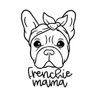 Flat artwork: line-art French bulldog wearing a bow headband and 'Frenchie mama' in black, iron-on transfer