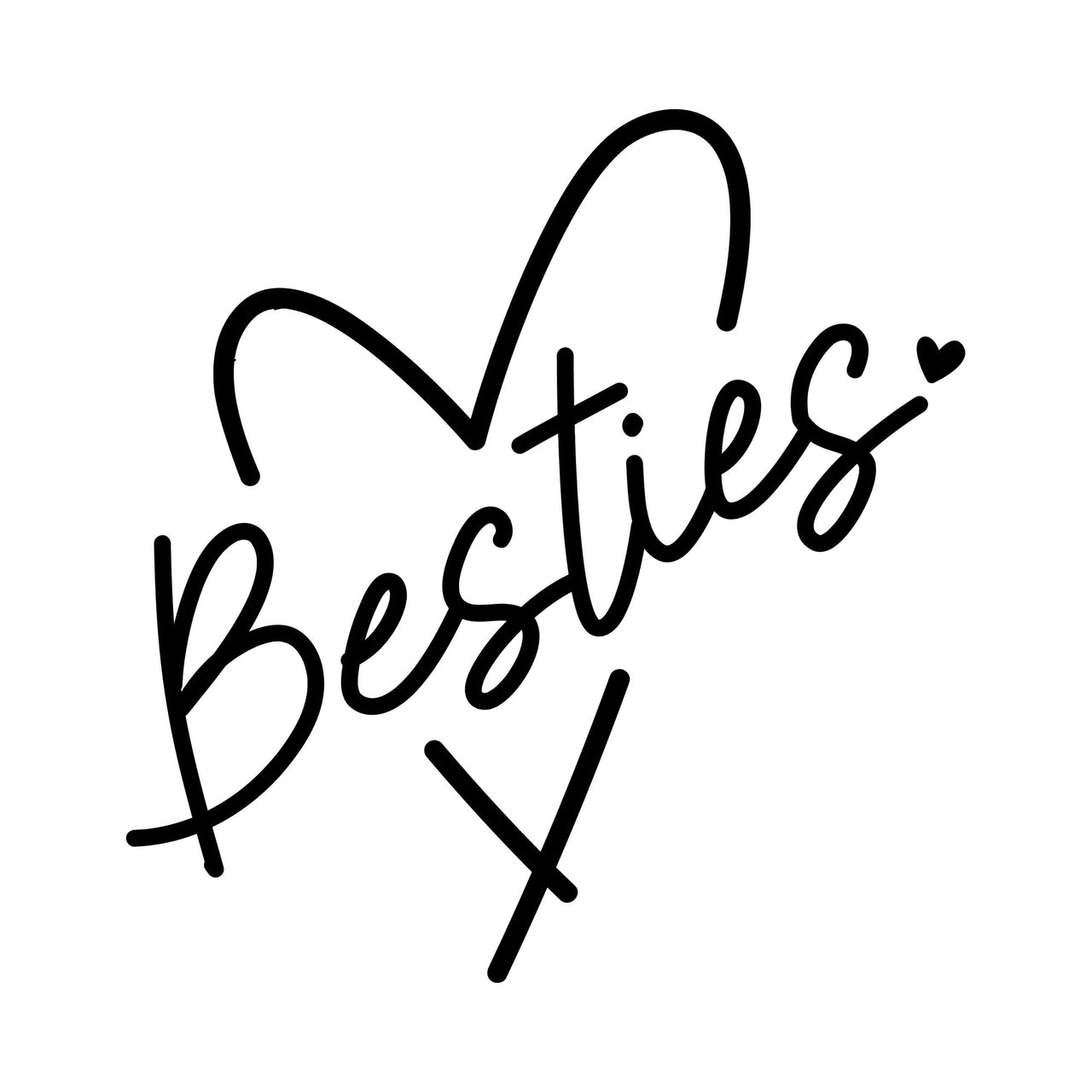 Flat artwork: script 'Besties' across a hand-drawn line heart with a small heart, iron-on transfer