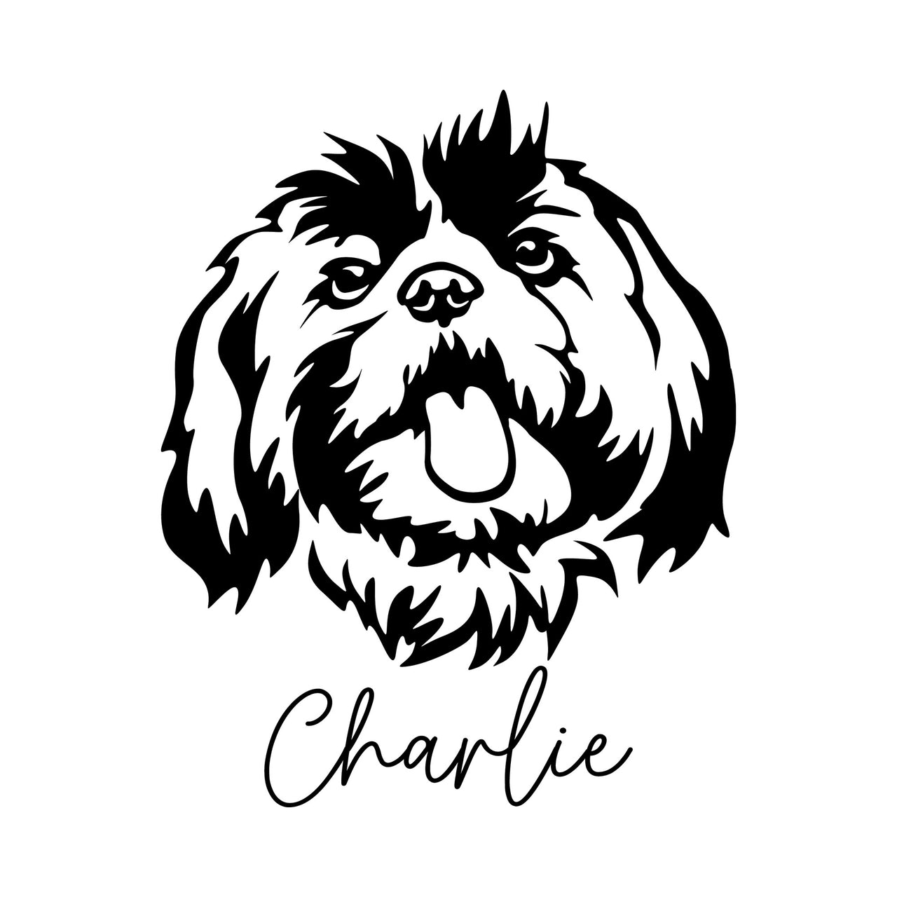 Flat artwork: black line art dog portrait with 'Charlie' in script below, custom iron-on vinyl transfer