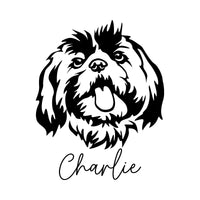 Flat artwork: black line art dog portrait with 'Charlie' in script below, custom iron-on vinyl transfer