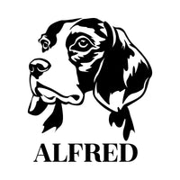 Flat artwork: black beagle portrait with name 'ALFRED' below, personalised iron-on transfer