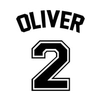 Flat artwork: arched 'OLIVER' above a large outlined number '2' - personalised iron-on vinyl transfer design