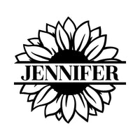 Flat artwork: sunflower split by the name 'JENNIFER' in black - iron-on vinyl transfer design