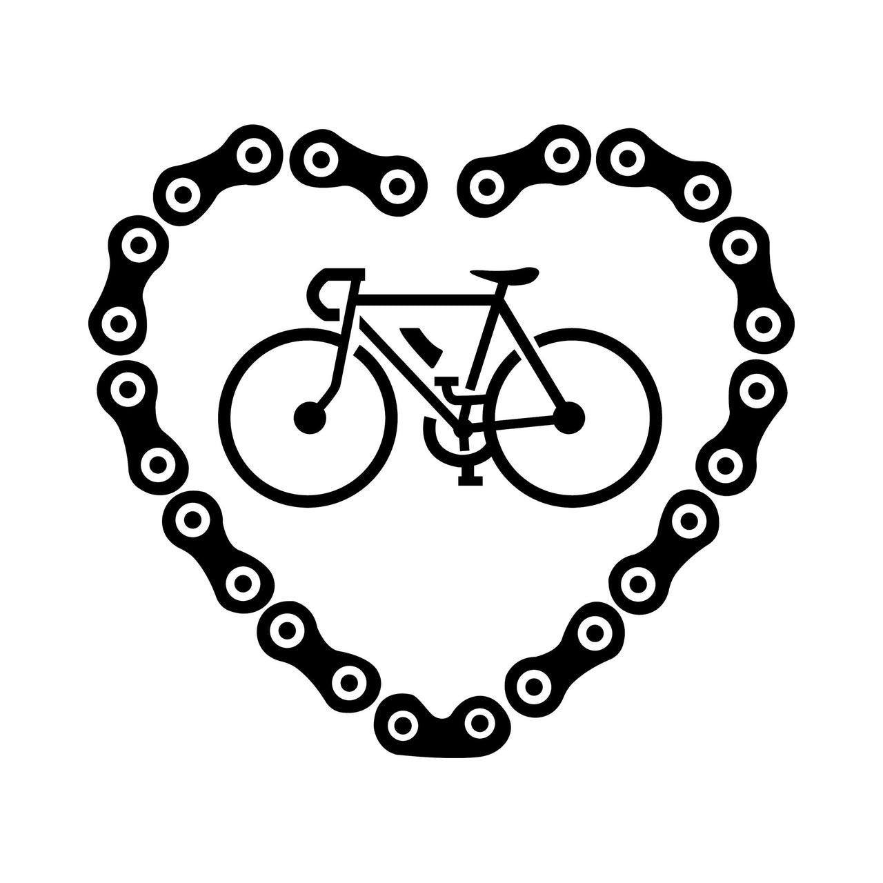 Flat artwork: road bicycle framed by a heart made of bike chain links - iron-on vinyl transfer design