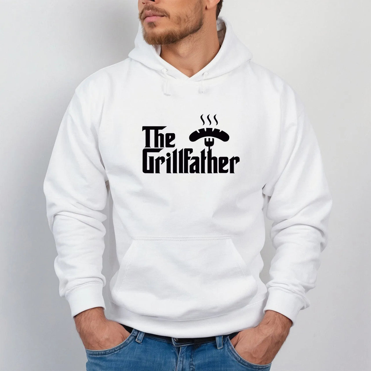 White BBQ Enthusiast Hoodie with "The Grillfather" Motif for Barbecue Masters