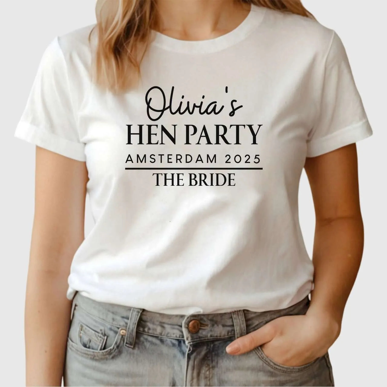 Customisable Hen Party T-Shirt | Olivia's Bride Tribe | Amsterdam 2025 - DENMARY