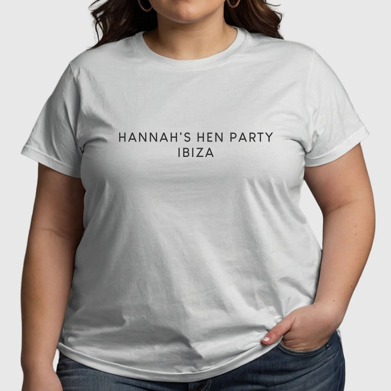 Customisable Hen Party T-Shirt for Ibiza Celebration in white, featuring personalized text "HANNAH'S HEN PARTY IBIZA"